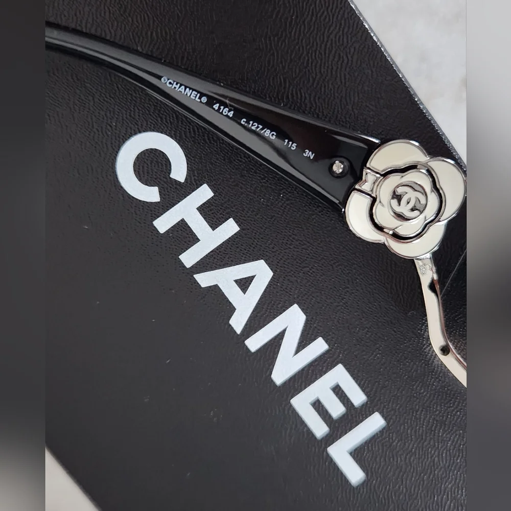 Chanel 4164 Camellia White Enamel Black Sunglasses AUTHENTIC - Picture 7 of 10
